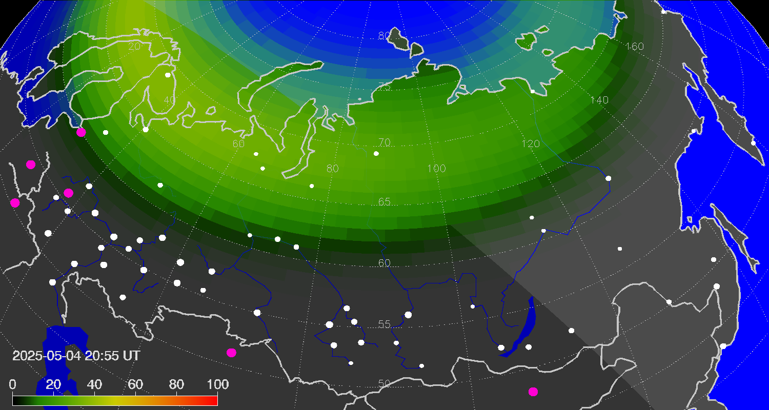 Northern lights (auroras) over Russian Federation