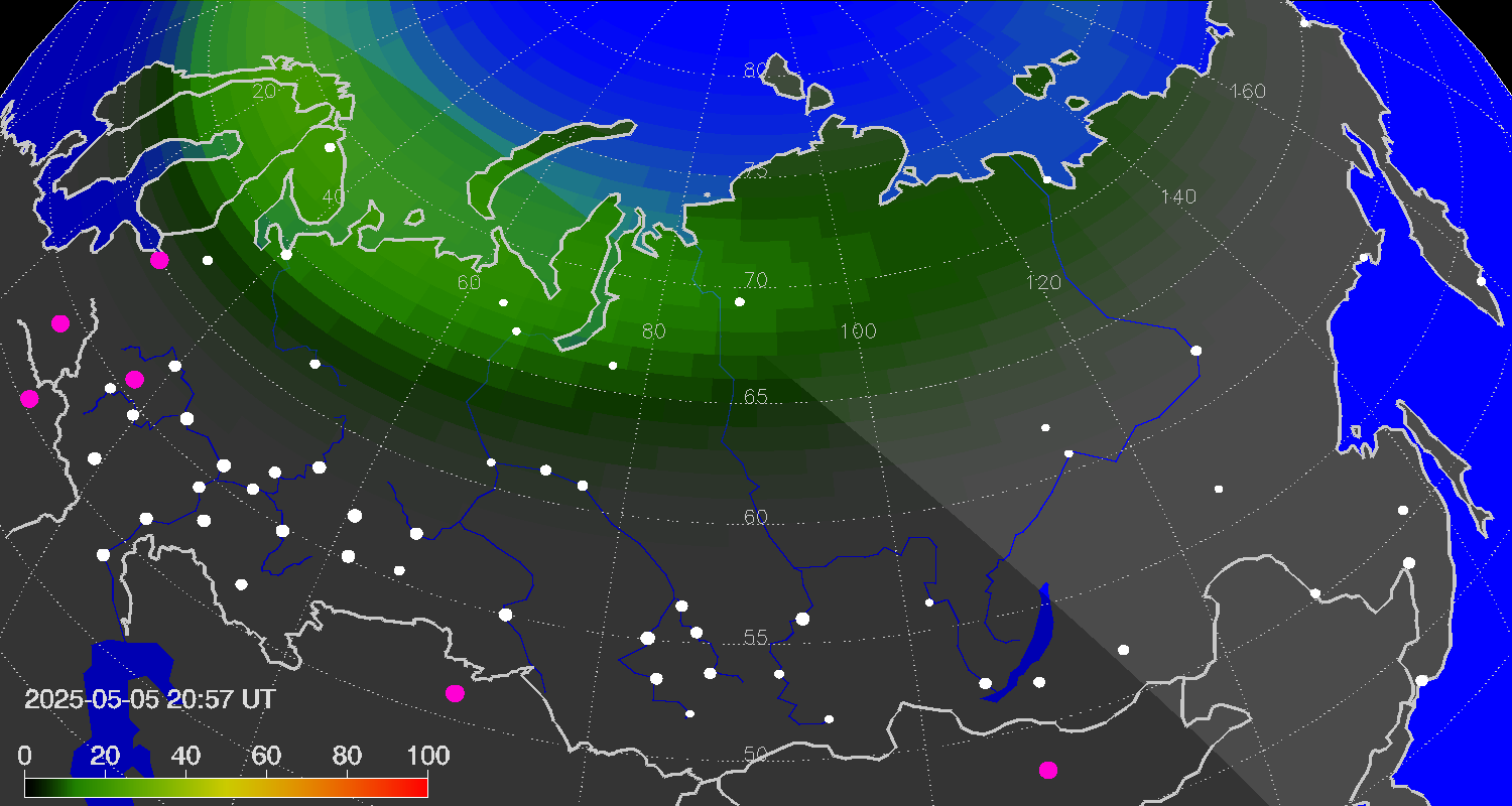 Northern lights (auroras) over Russian Federation