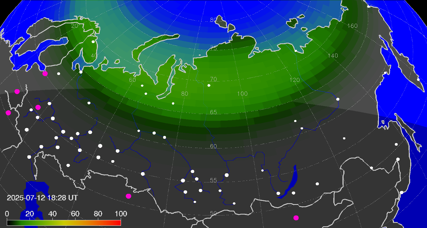 Зона полярных (северных) сияний над территорией Евразии