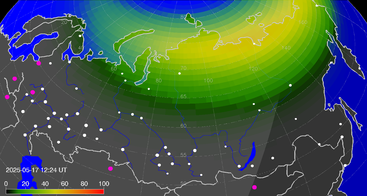 Авроральный овал по состоянию на 15:24 мск (прогноз).