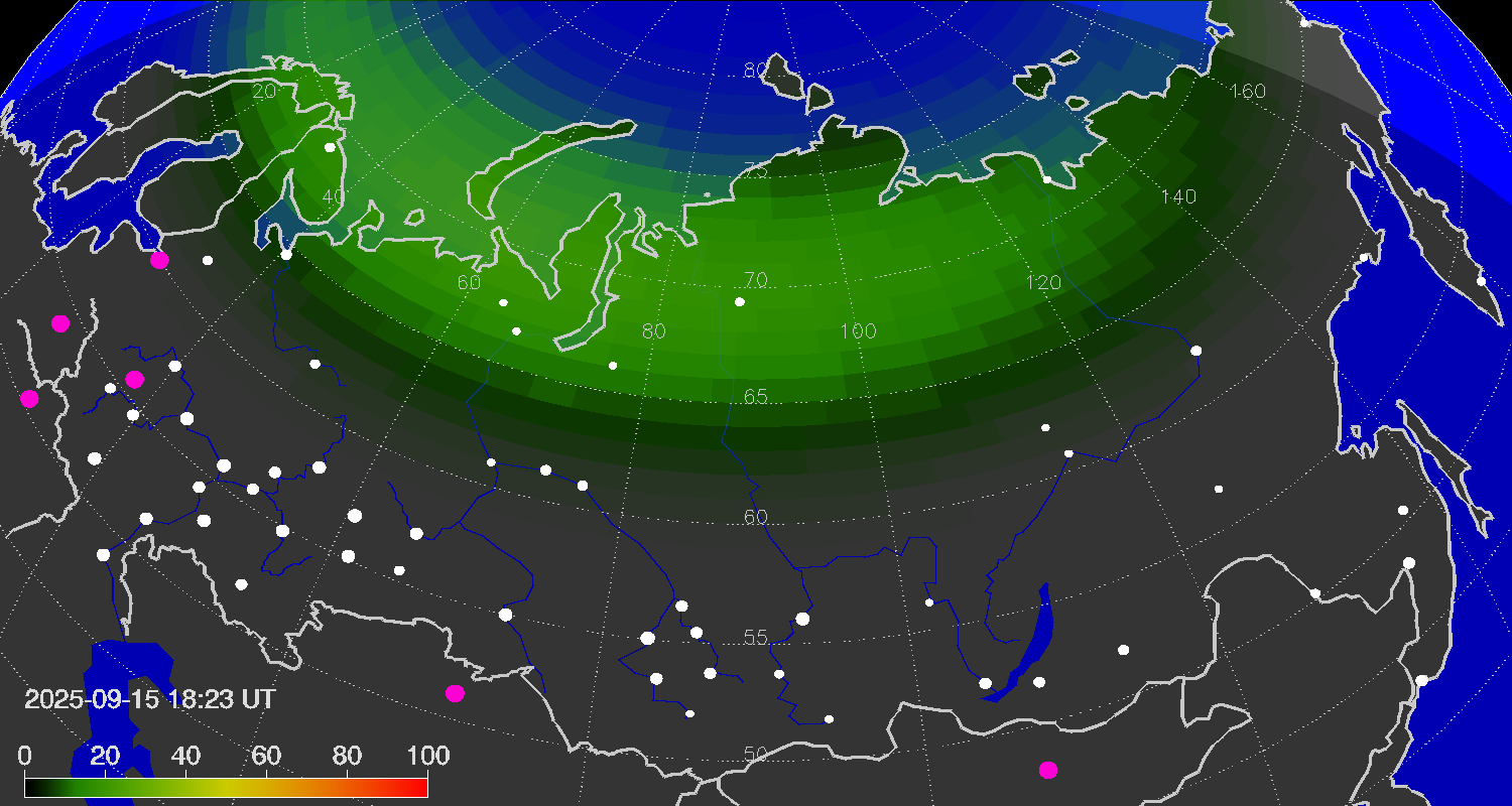 Расчетный полярный овал по состоянию на вечер 15 сентября 2025 года