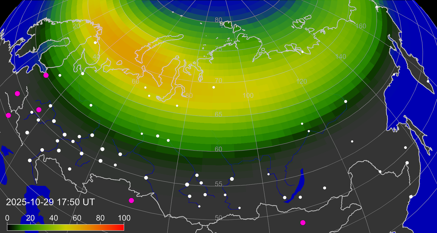 Зона полярных сияний над территорией страны 29 октября 2025 года